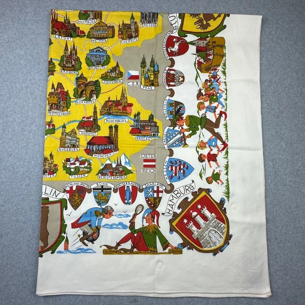 Vtg 50s Germany Souvenir Map Tea Towel Illustrated Cities Coats of Arms‎ 62